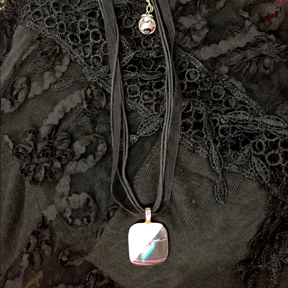 Handcrafted Pale Pink&Black Glass Pendant Necklace